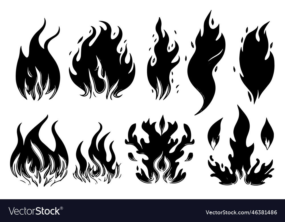 A collection of flames drawn by hand Royalty Free Vector