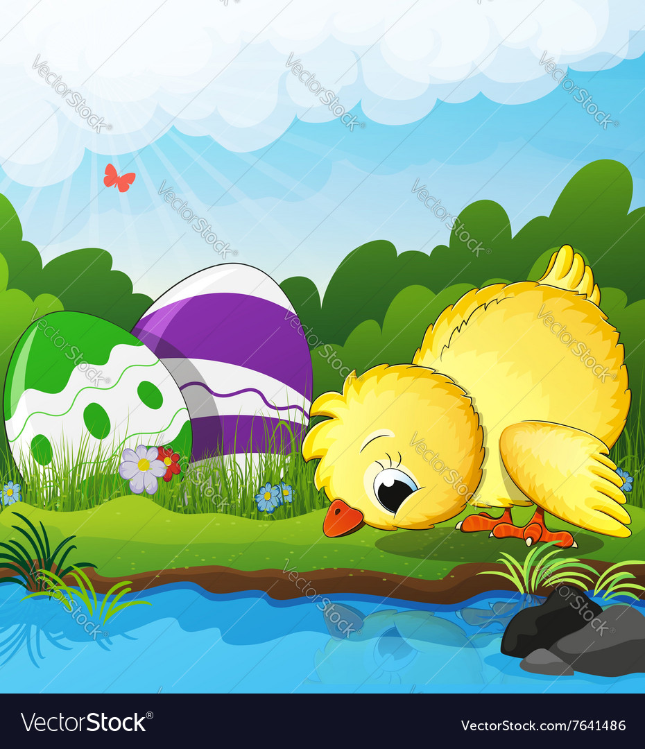 Chicken and Easter eggs near the creek Royalty Free Vector