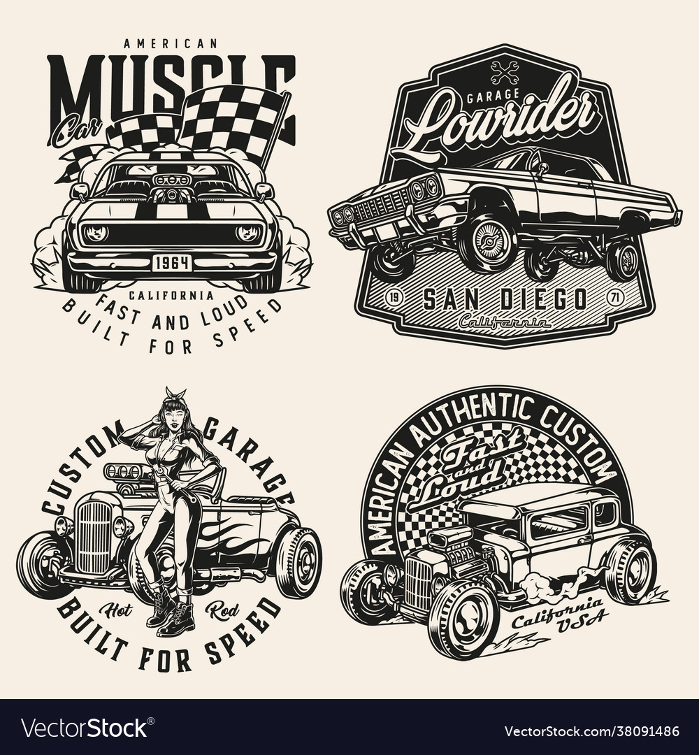 Custom cars vintage monochrome prints Royalty Free Vector