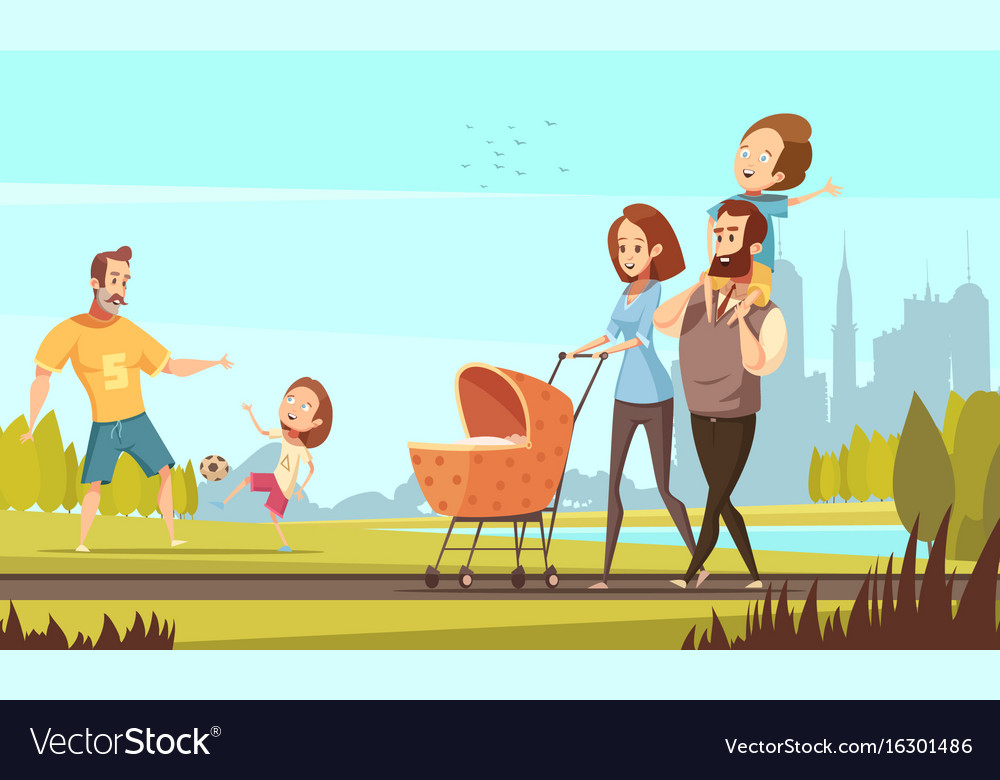Family Outdoor Retro Cartoon Royalty Free Vector Image