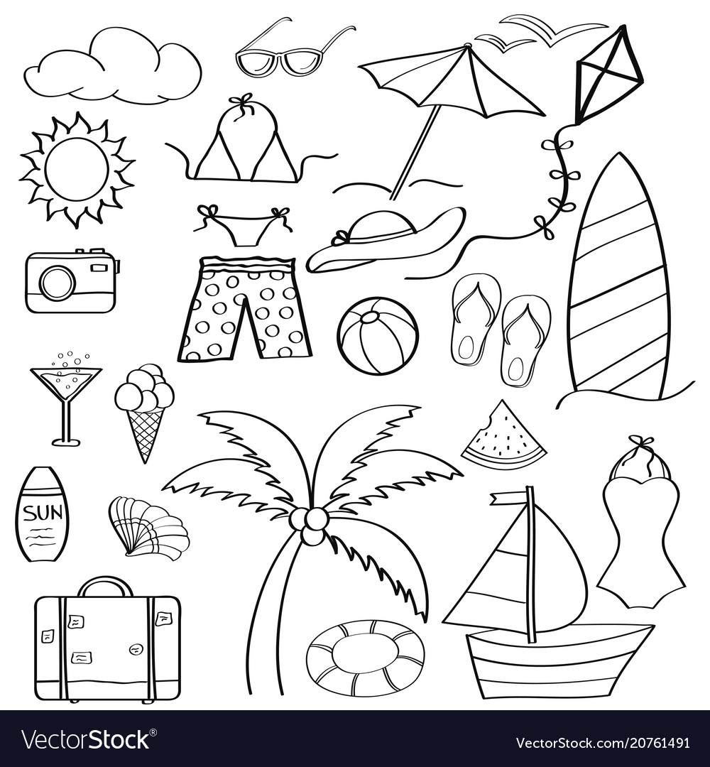 Doodle cartoon items summer holiday collection Vector Image