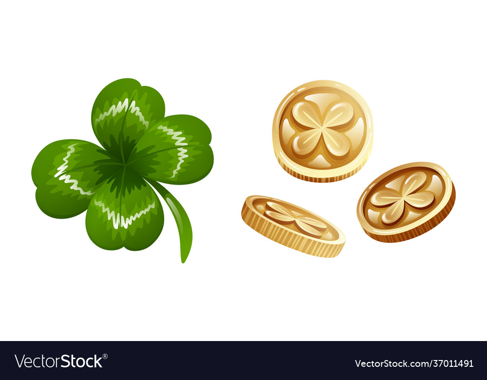 Irish gold coins with symbols clover four Vector Image