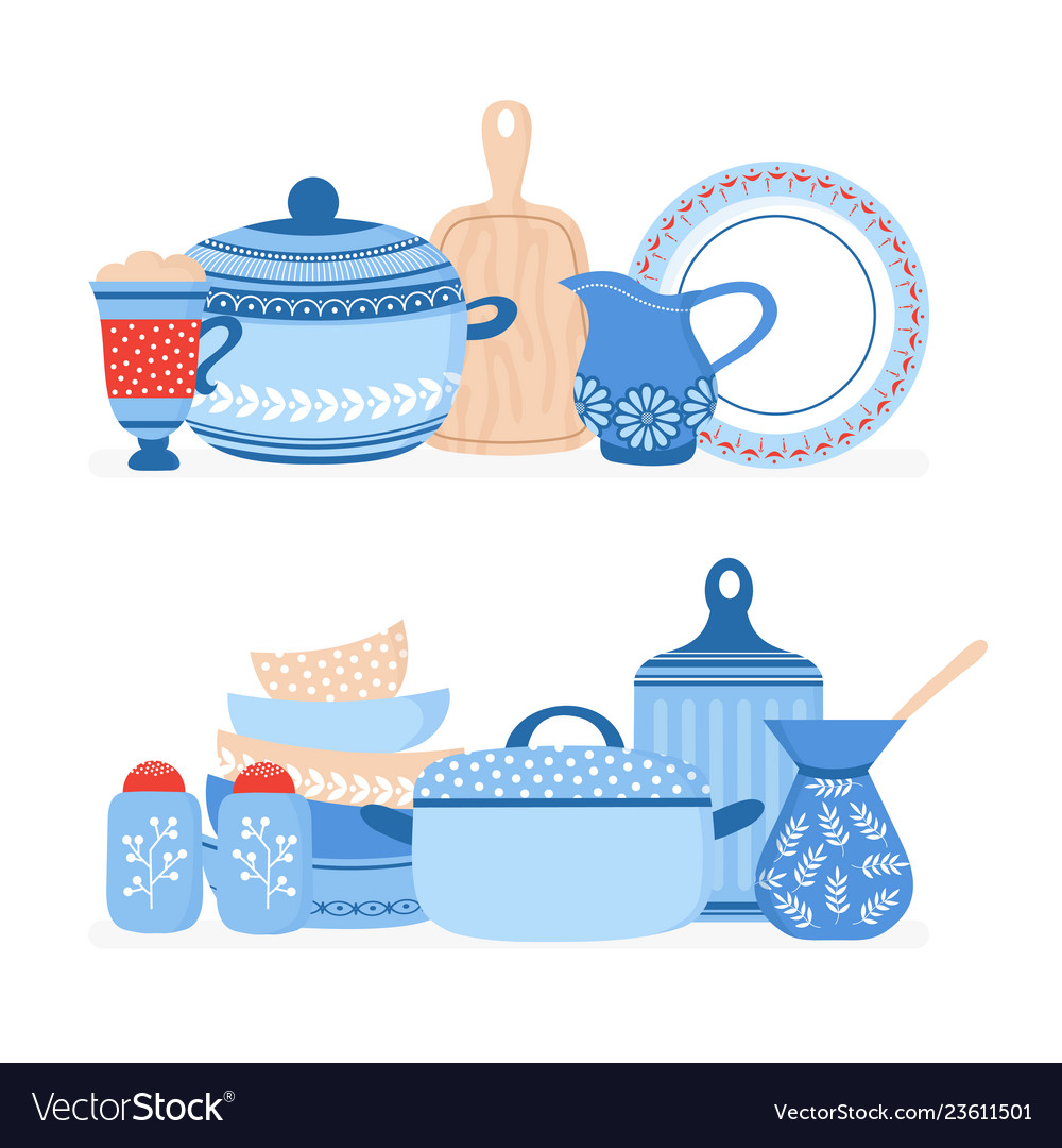 Cartoon cookware kitchen crockery cooking tools Vector Image