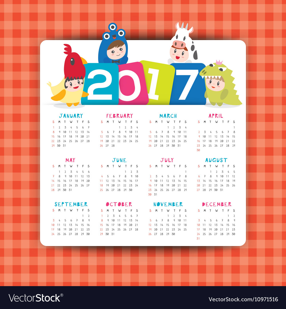 17 Calendar Template With Kids Cartoon Vector Image