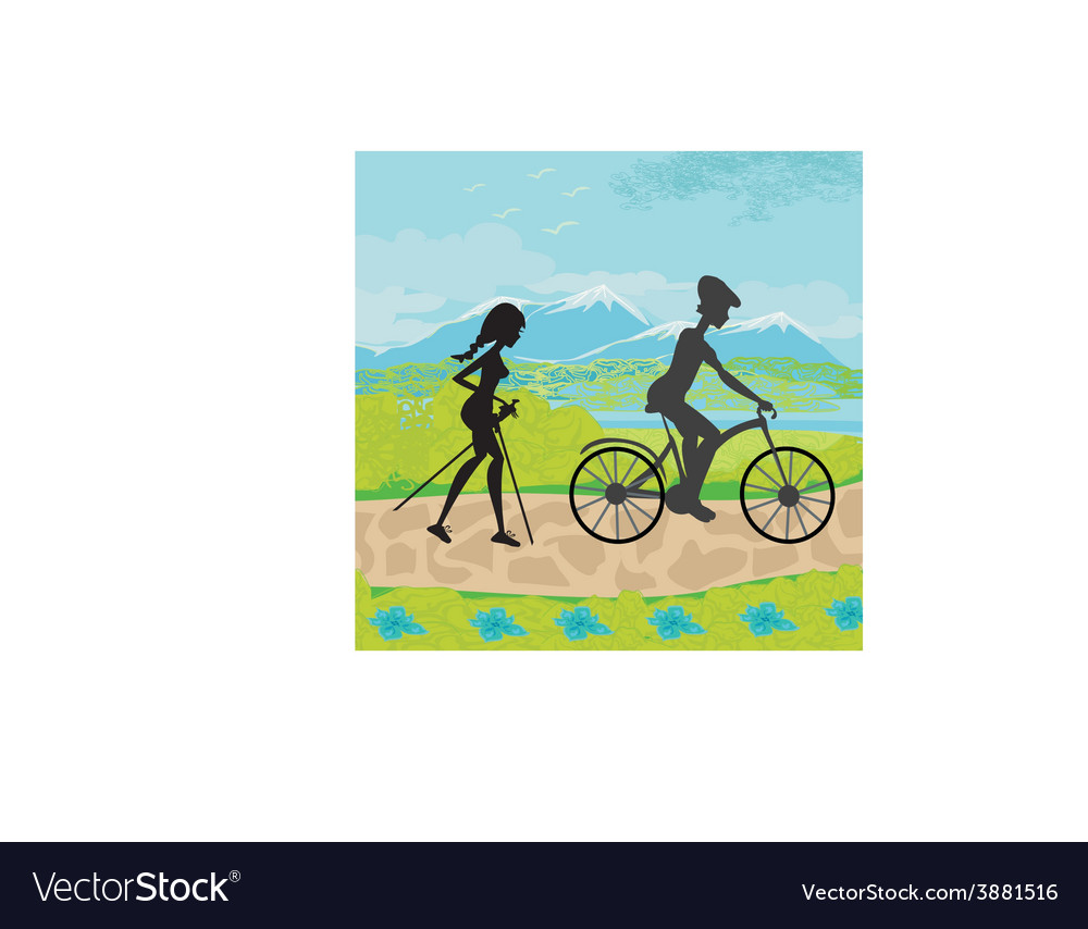 Actively spend day - nordic walking and riding Vector Image