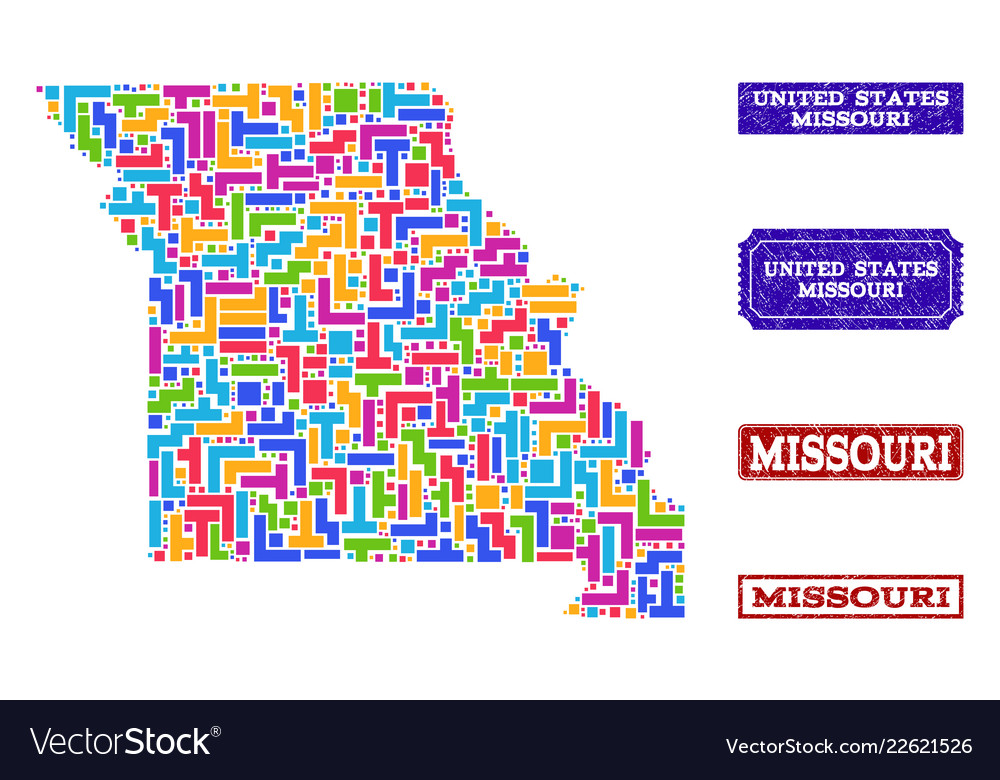 Mosaic map of missouri state and scratched seals Vector Image