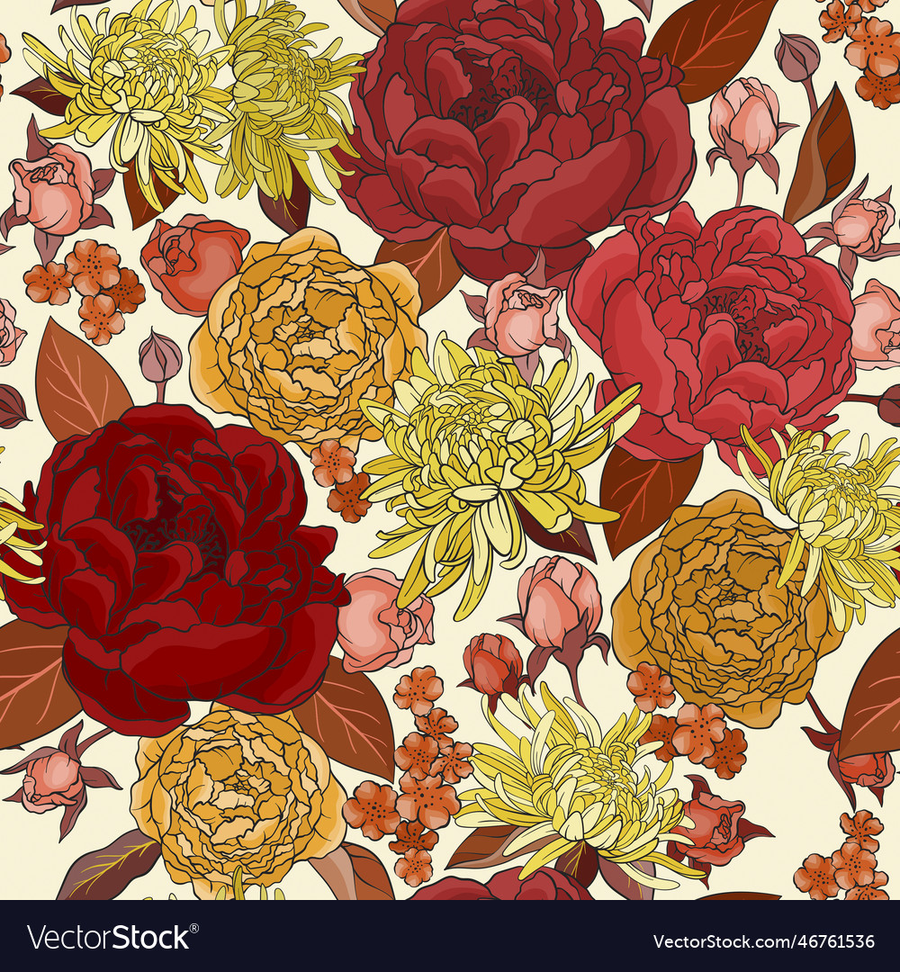 Seamless Background With Roses Peonies Asters Vector Image