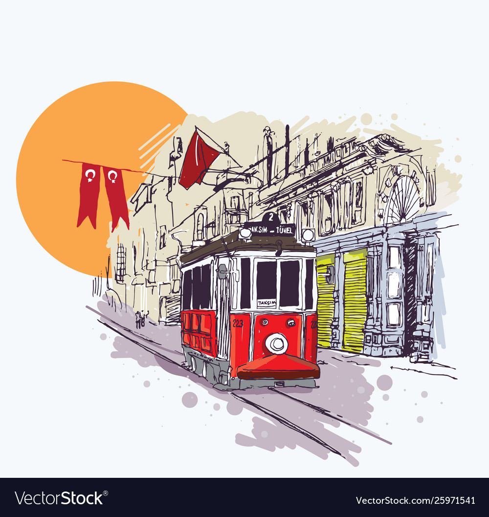 Digital nostalgic red tram in istiklal