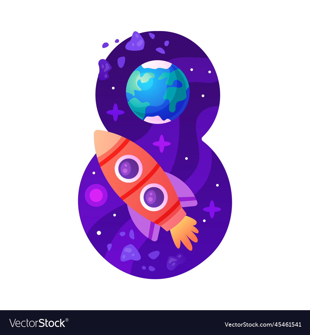 Space number eight as cosmic numeral with rocket Vector Image