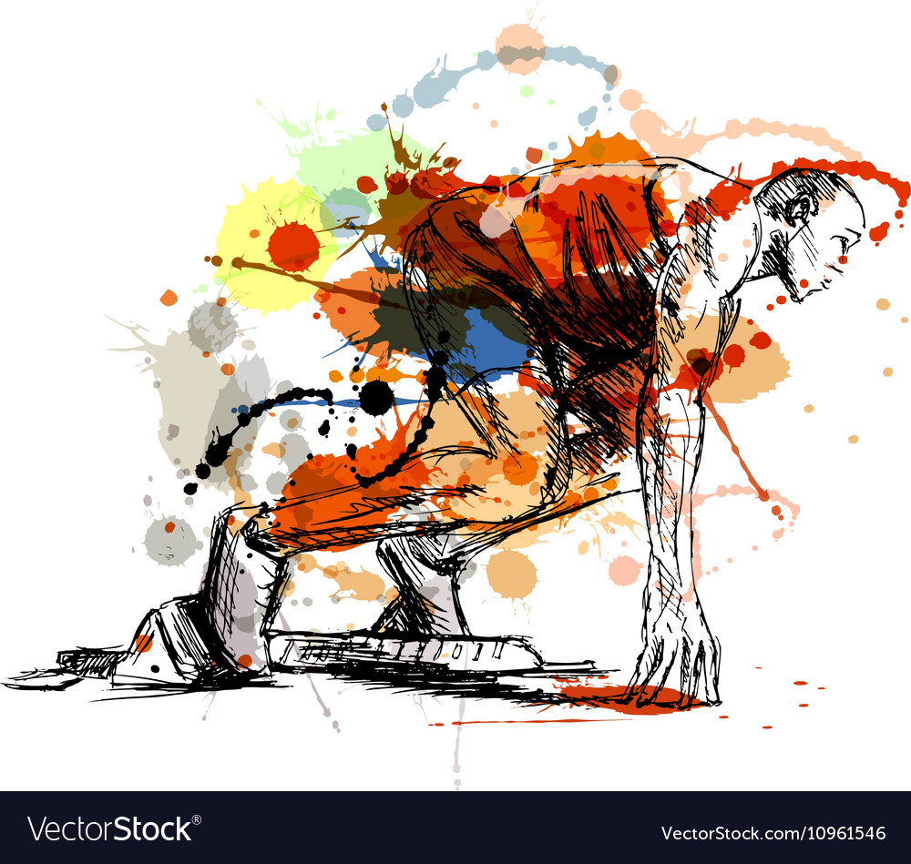 Colored Hand Sketch Athlete On Track Starting To Vector Image