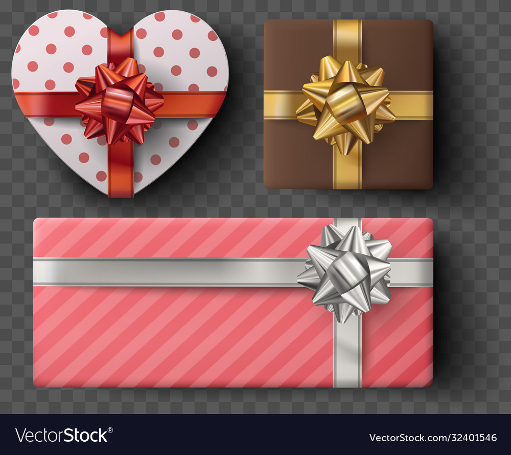 Gift box set with golden bow ribbons isolated