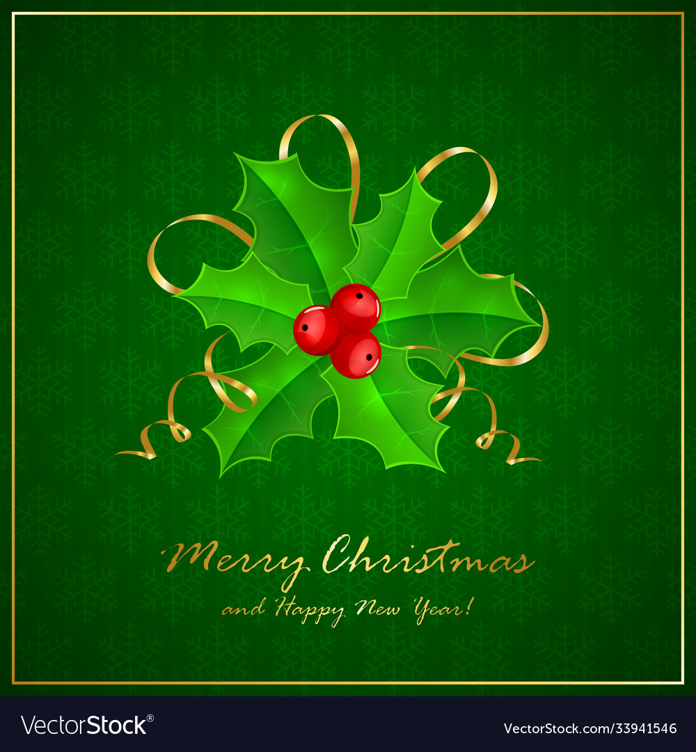 Holly Berries With Tinsel On Green Background Vector Image