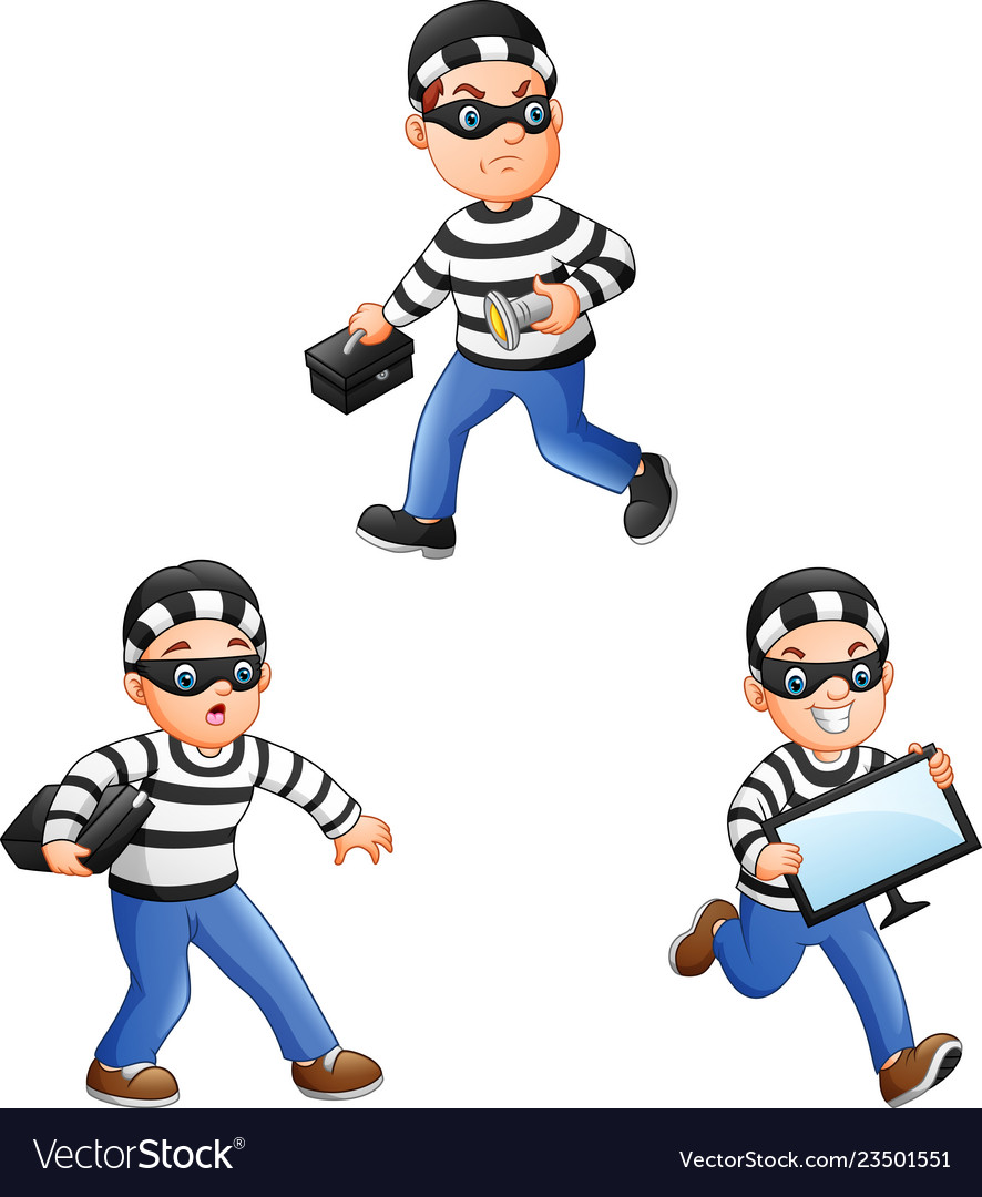 Cartoon thief in a collection of different actions Cartoon thief in a collection of different actions