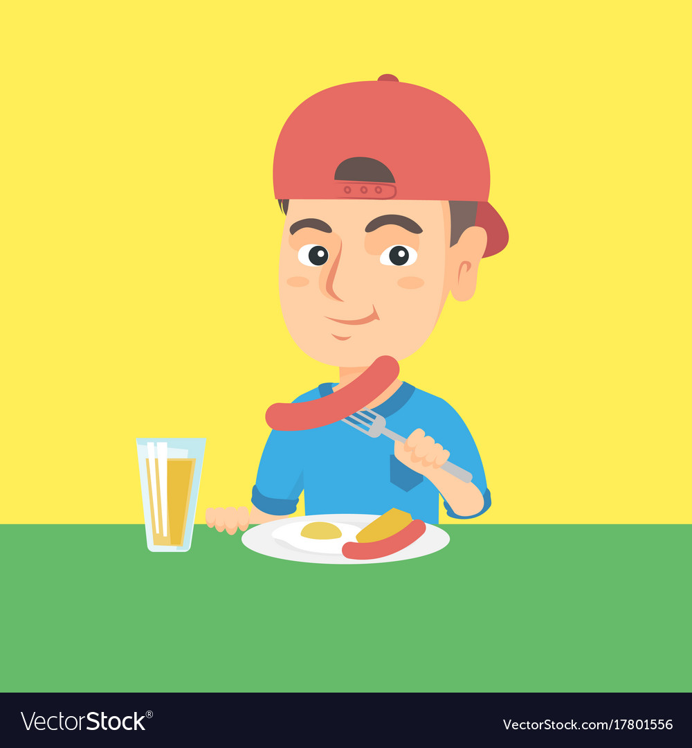 Boy eating sausage and fried egg for breakfast Vector Image Boy eating sausage and fried egg for breakfast Vector Image