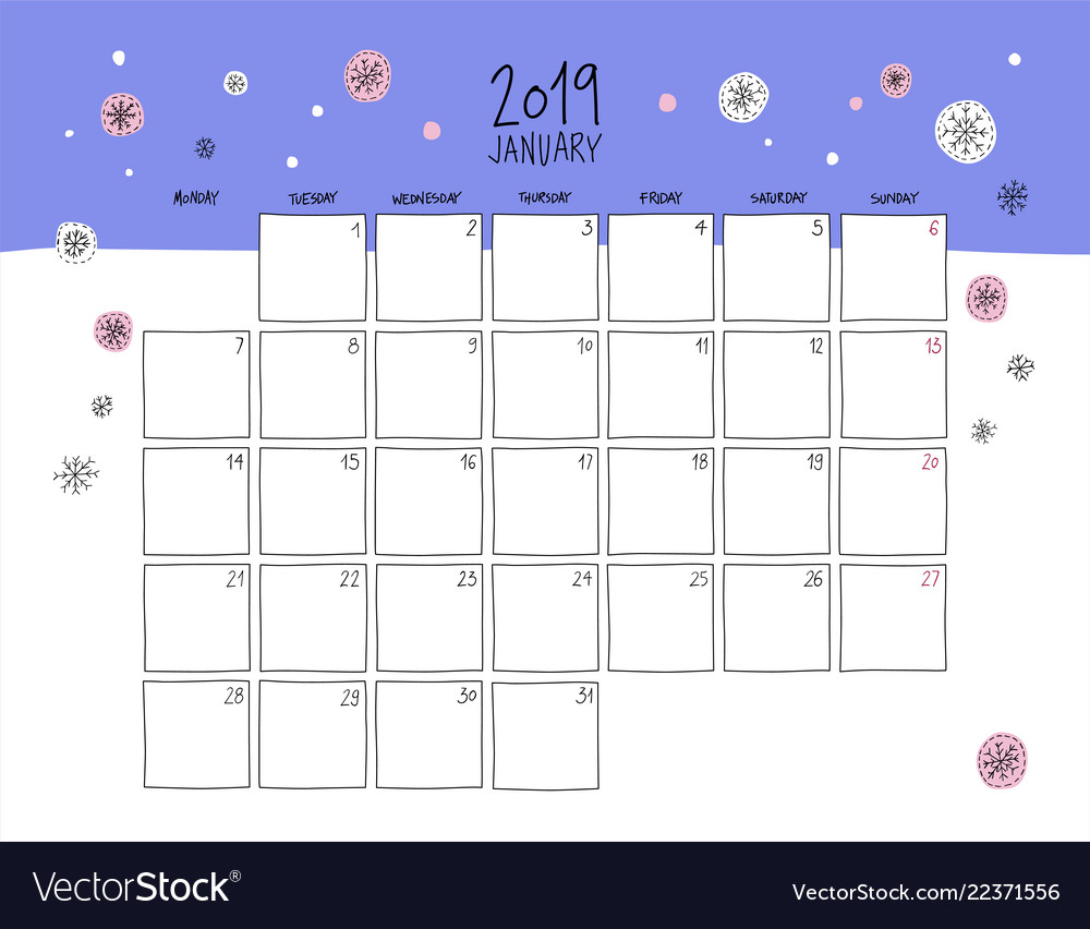 January 19 Wall Calendar Doodle Style Royalty Free Vector