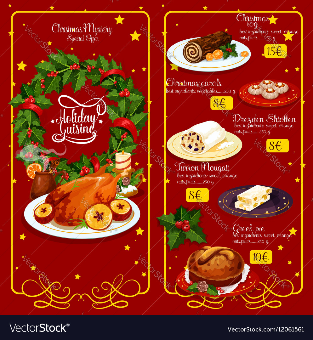 Christmas Dinner Menu Festive Template Design Vector Image