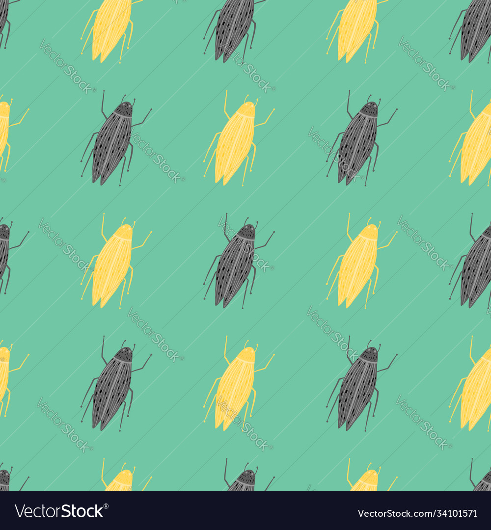 Grey and yellow contoured bugs ornament seamless vector image Grey and yellow contoured bugs ornament seamless