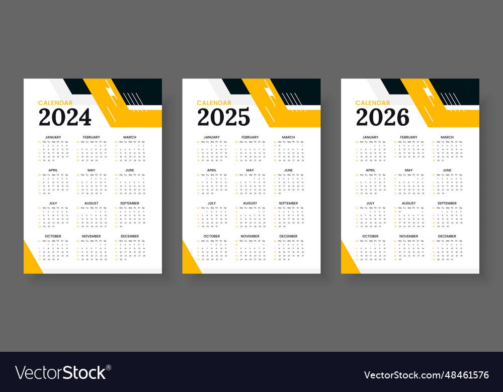 2024 2025 and 2026 calendar set week start Vector Image