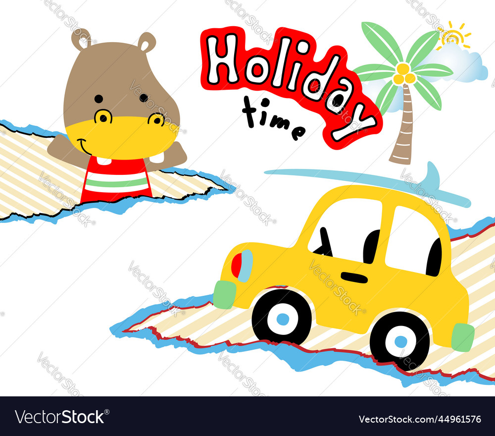 Hippo cartoon with little car Royalty Free Vector Image