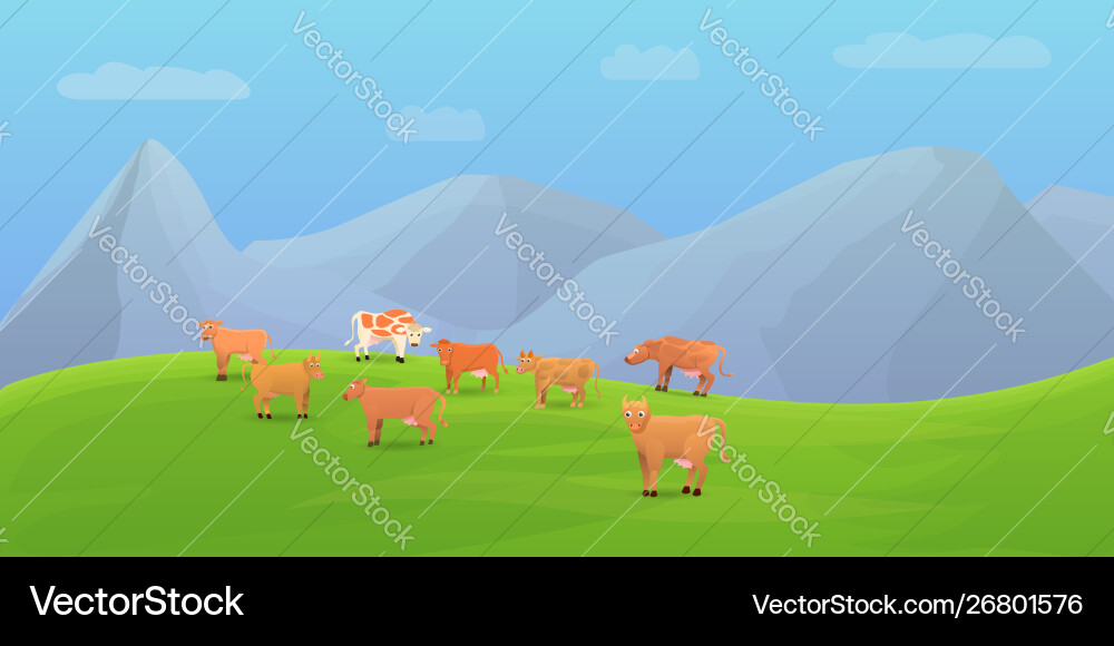 Mountains Cows Concept Banner Cartoon Style Vector Image