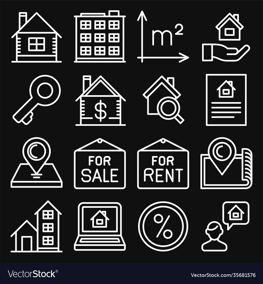 Real estate icons set on black background line Vector Image