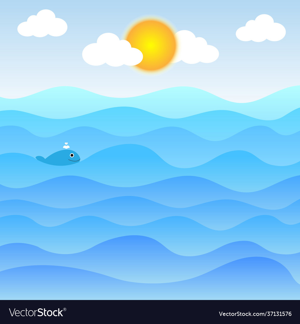 Water waves and sun with clouds and cute little fi vector image Water waves and sun with clouds and cute little fi