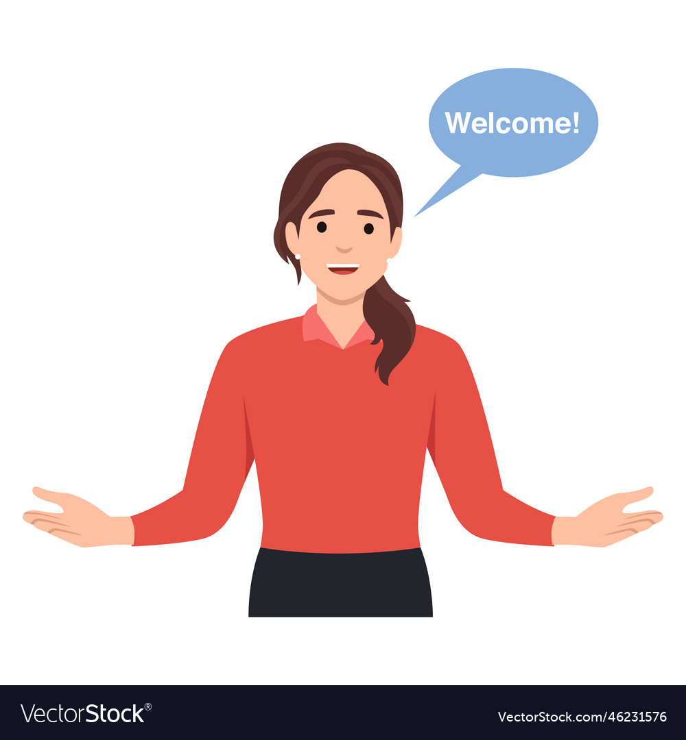 You are welcome cheerful woman gesturing Vector Image