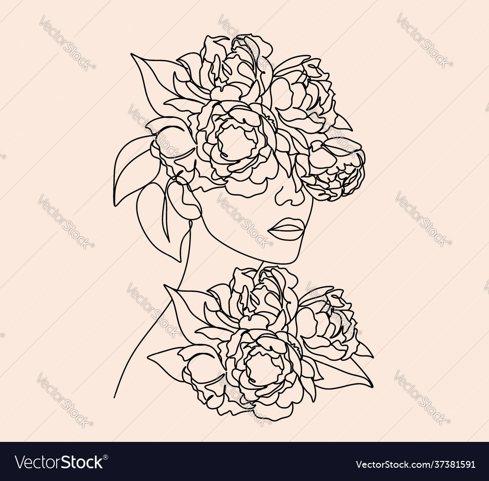 Abstract face with flowers one line drawing Vector Image