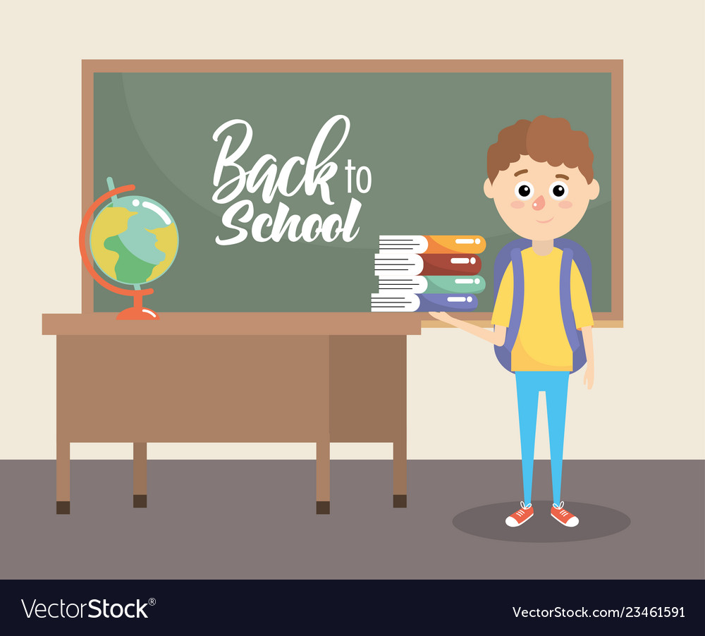 Boy with books education and backpack supplies Vector Image