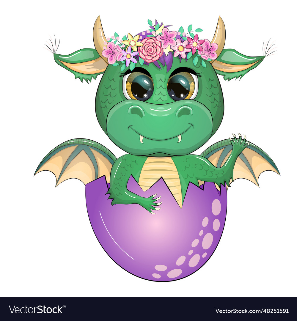 Cute cartoon green baby dragon with horns Vector Image