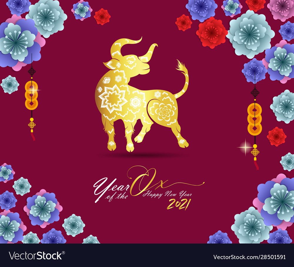 Happy chinese new year 2021 year ox flower Vector Image