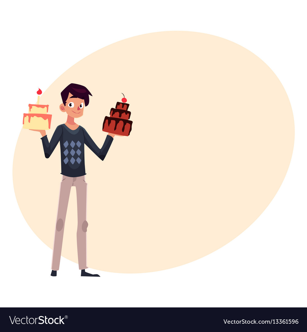 Young man holding birthday cakes getting ready Vector Image