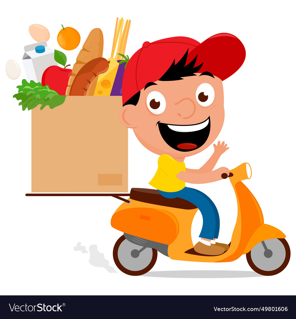 Delivery man riding a scooter delivering groceries