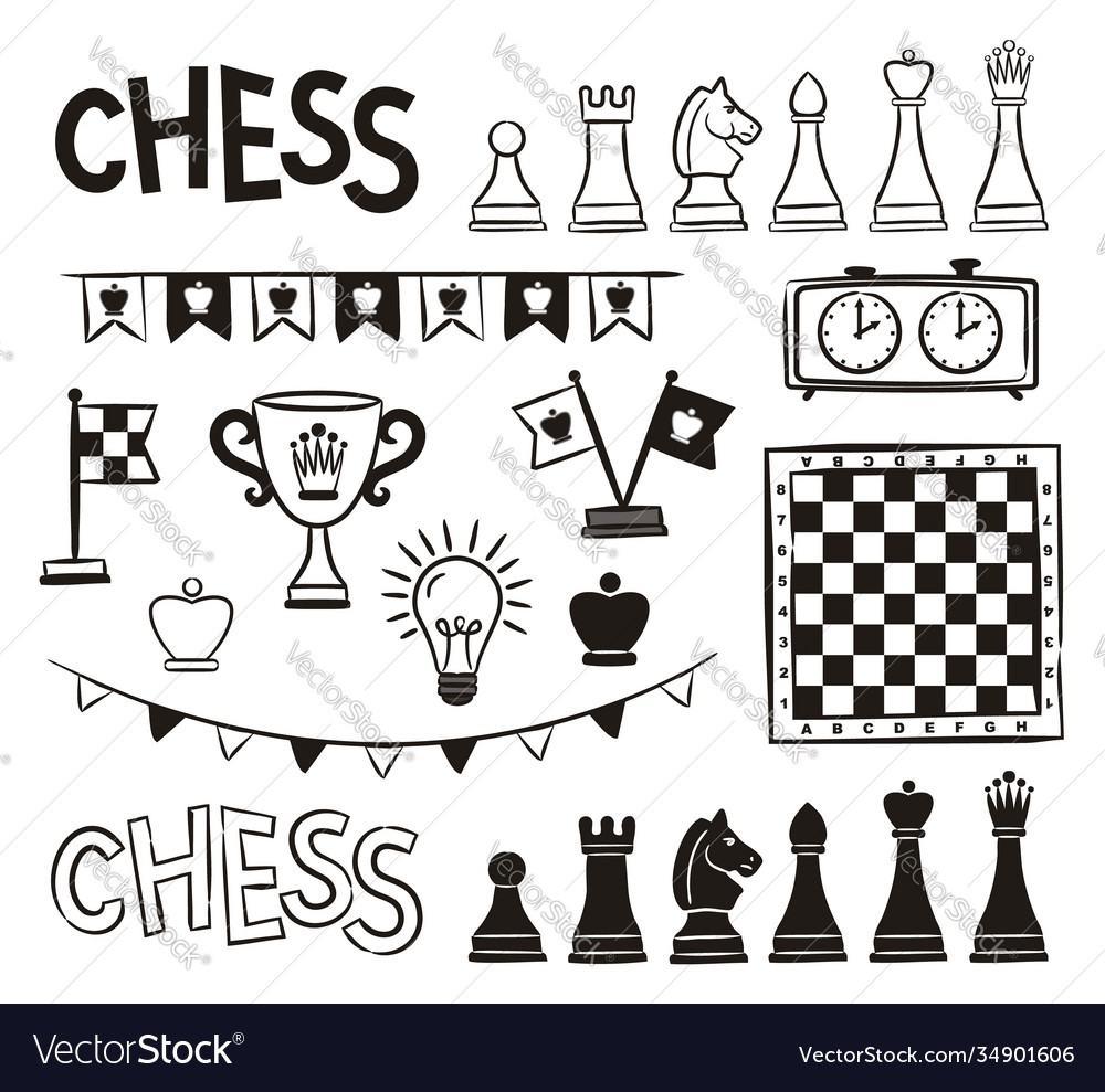 Set hand drawn chess elements pieces board Vector Image