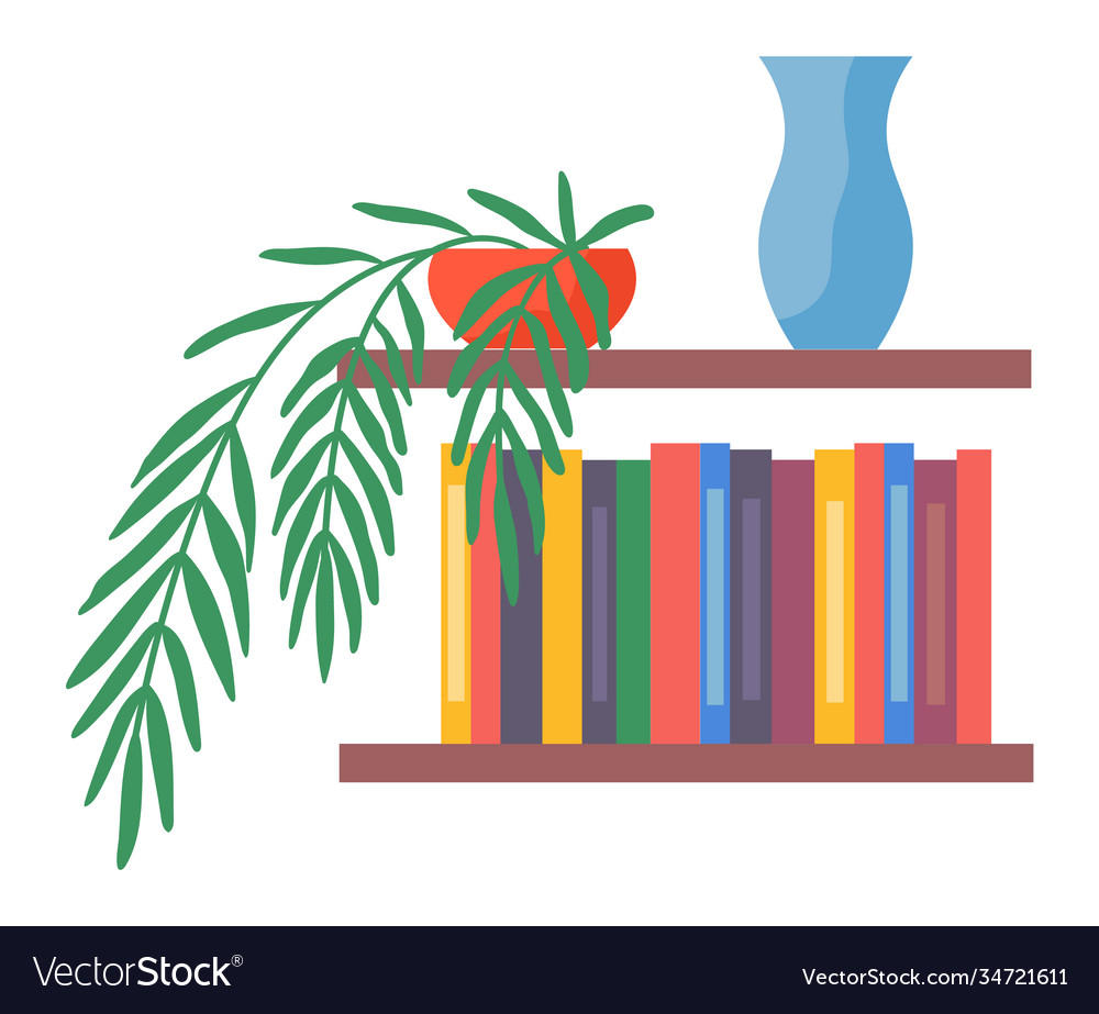 Bookshelf with books vase and potted plant Vector Image
