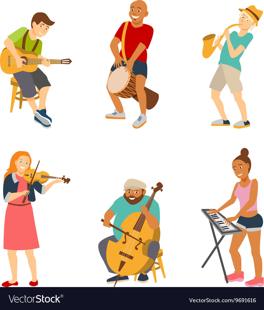 Musician Cartoon Characters Isolated On White Vector Image Drummer, keyboardist, singers, dj, dancer and other. musician cartoon characters isolated on white vector image