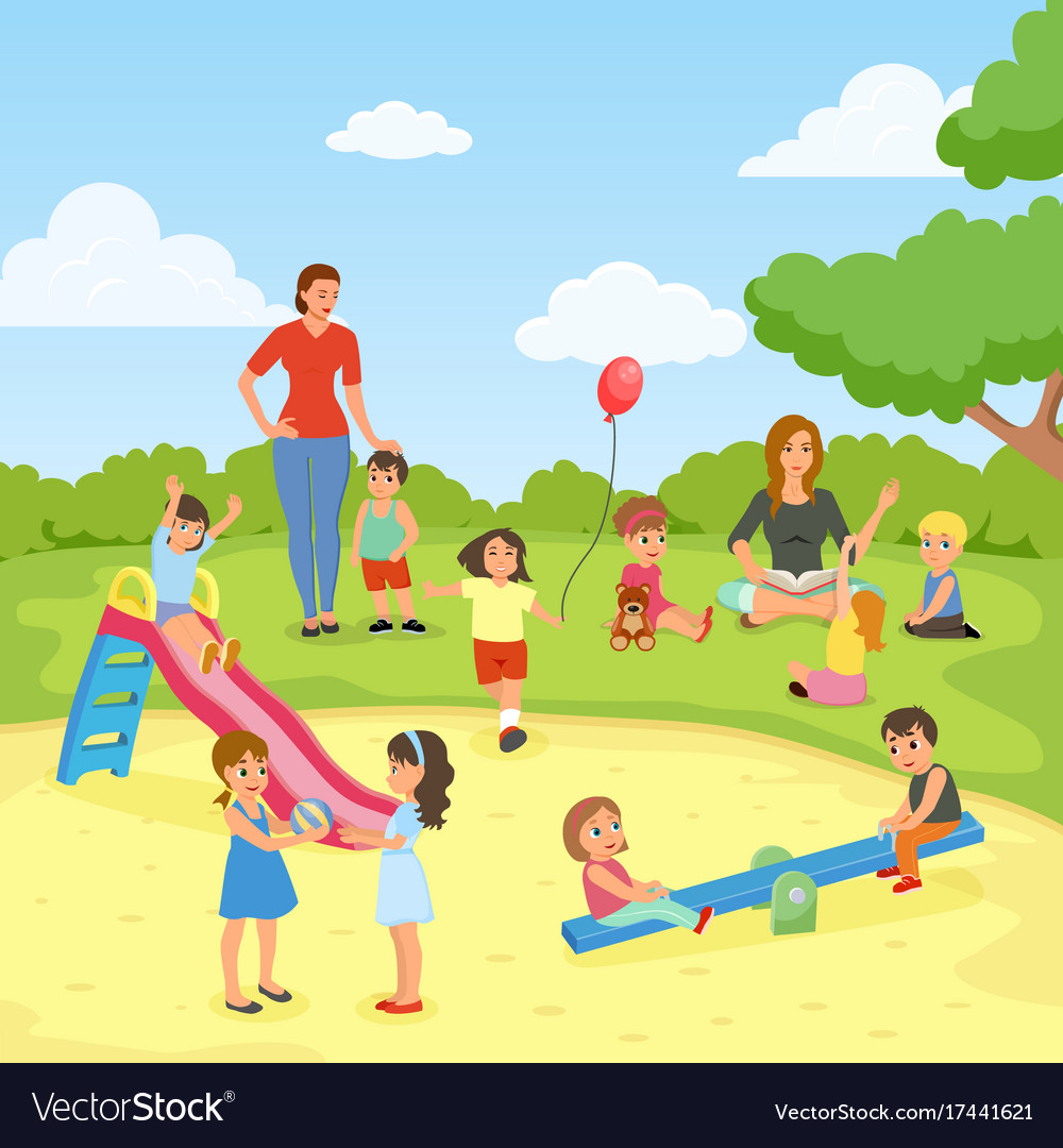 Babysitters with kids flat composition Royalty Free Vector