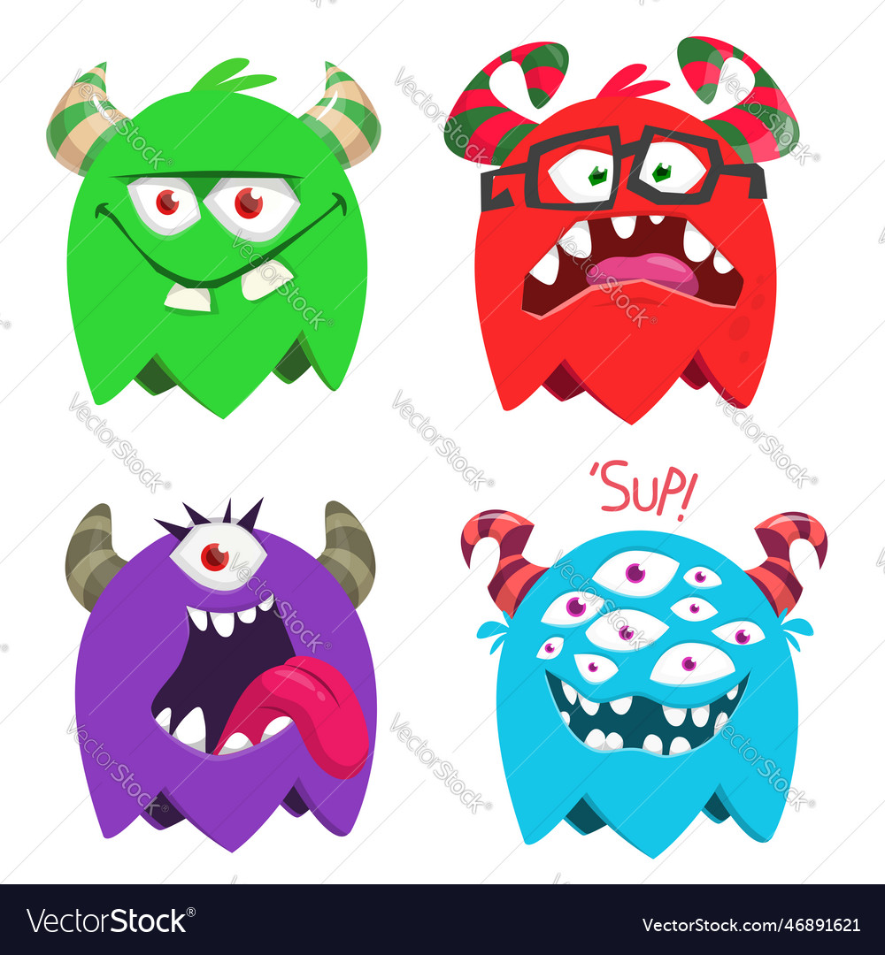 Funny Cartoon Monsters Set With Different Face Vector Image