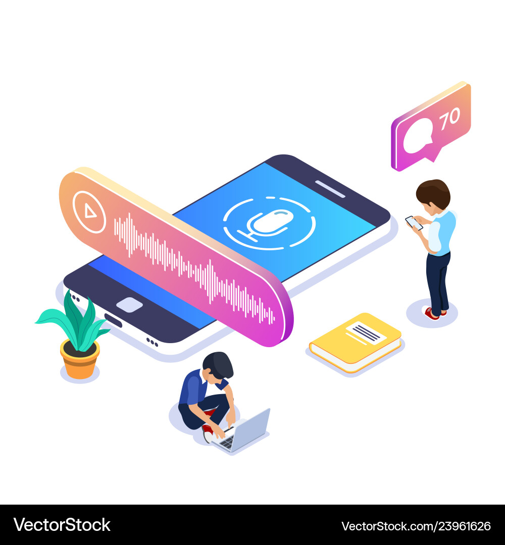3d isometric voice message concept people listen Vector Image