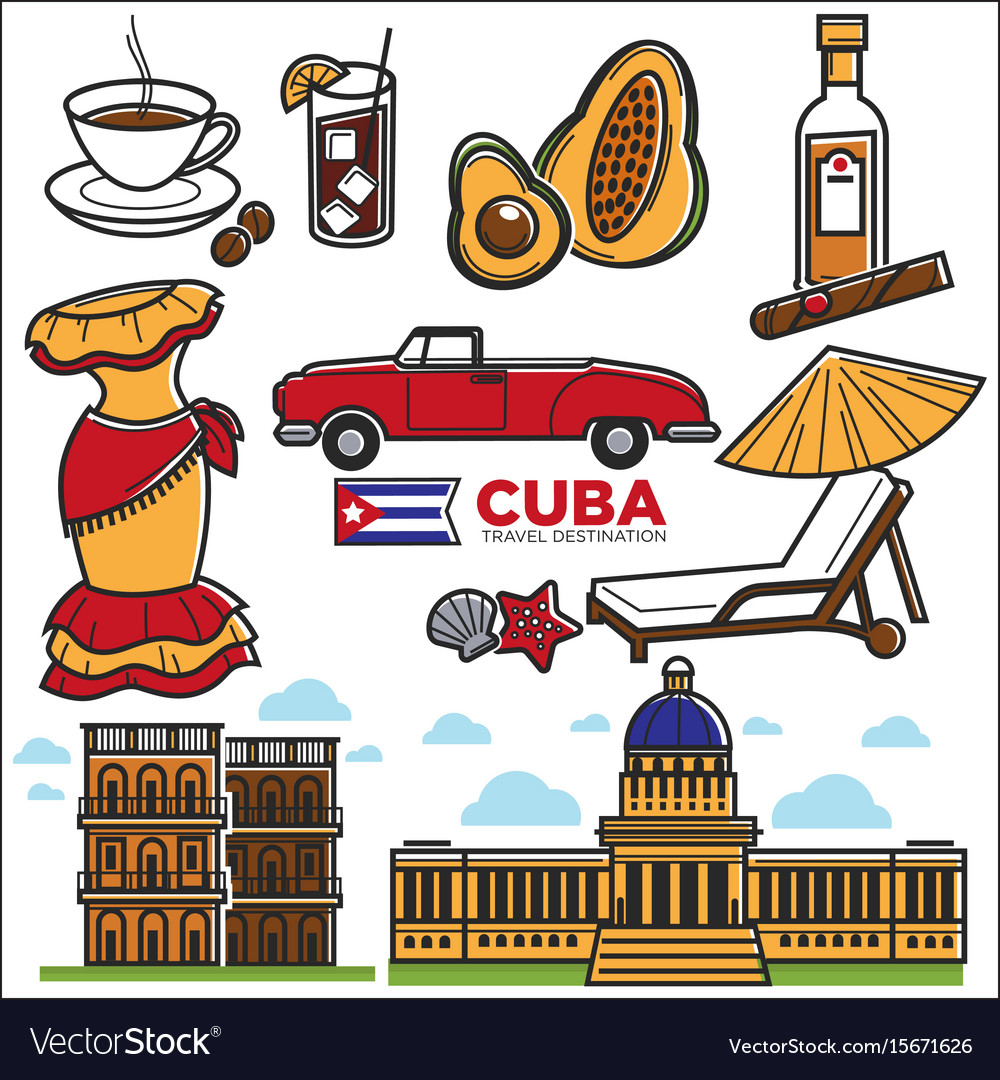 Cuba travel sightseeing icons and havana Vector Image