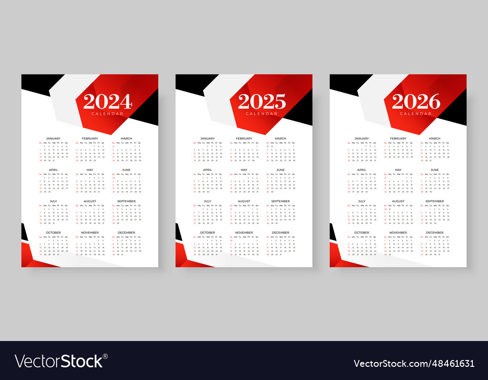 2024 2025 and 2026 calendar set week start Vector Image