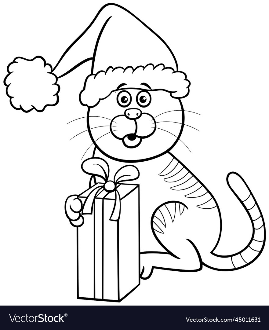 Cartoon cat with gift on christmas time coloring Vector Image