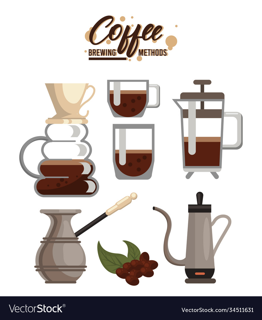 Six coffee brewing methods bundle set icons Vector Image