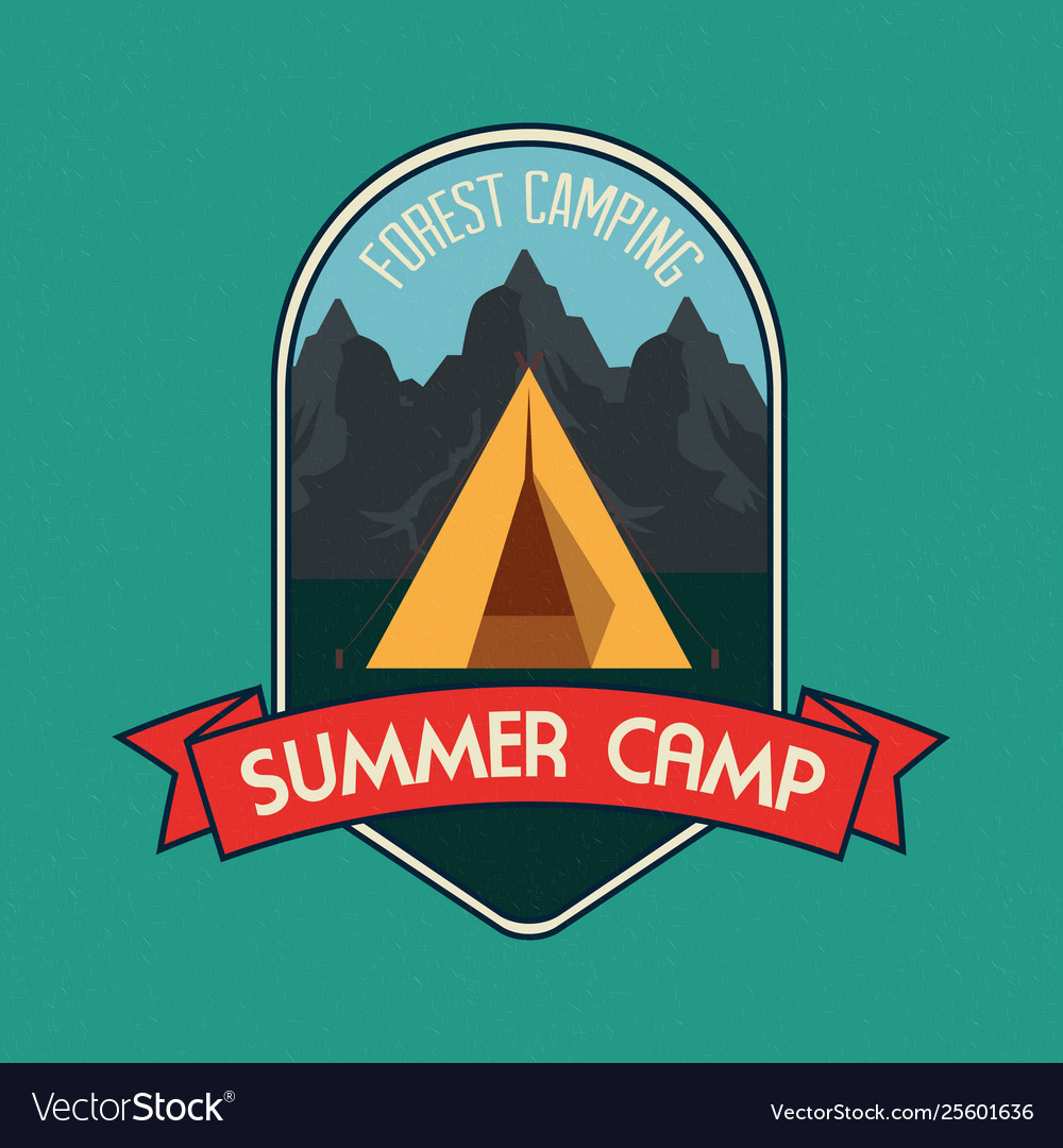 Label camp with nature mountains and ribbon Vector Image