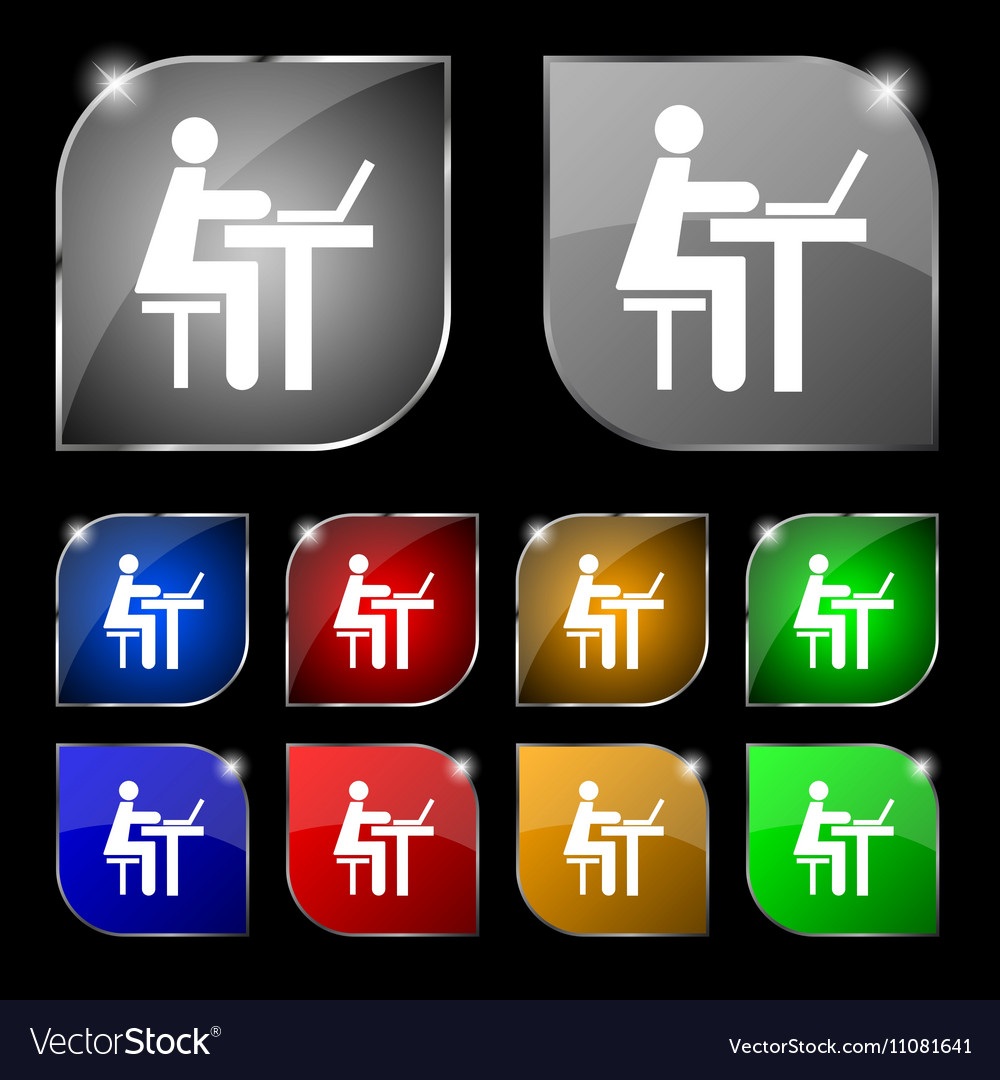 Businessman working on computer icon sign set Vector Image