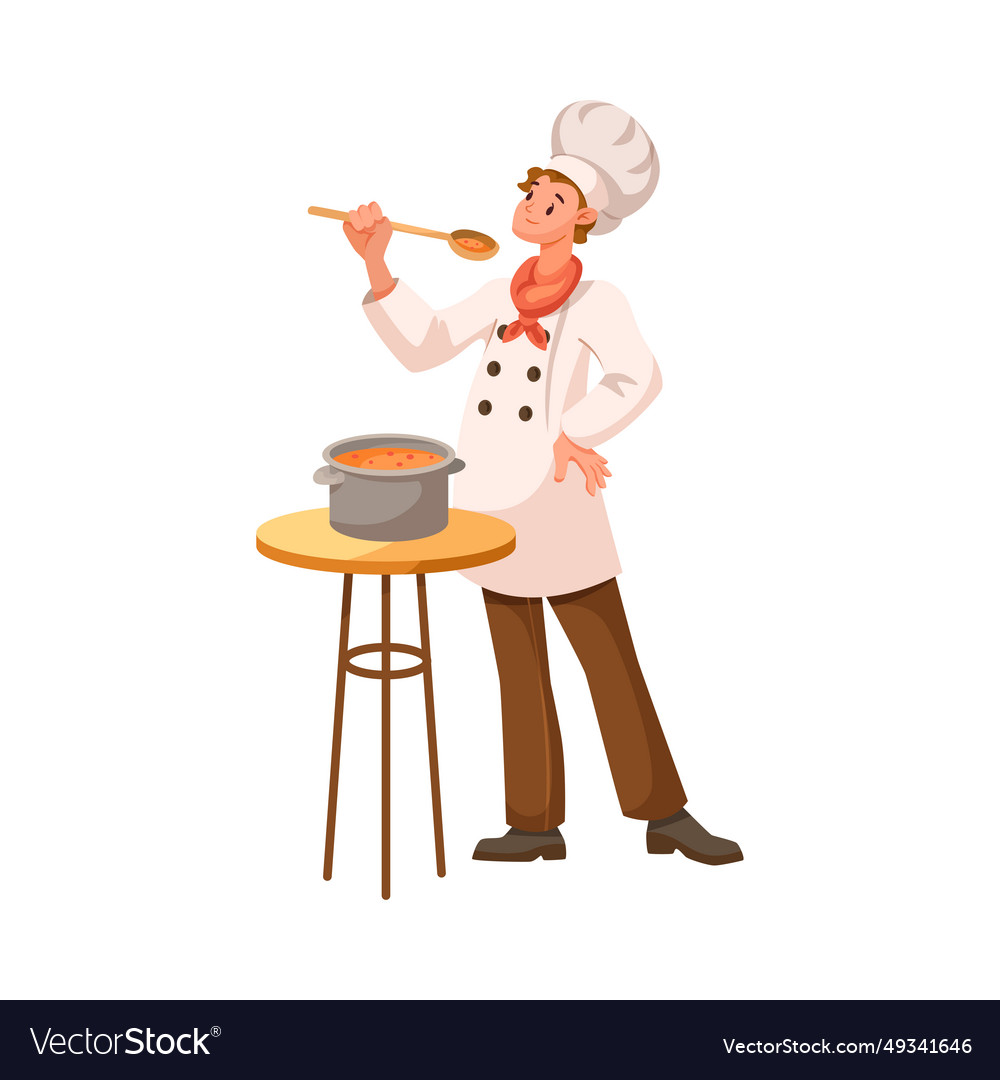 Man chef character in uniform taste soup Vector Image