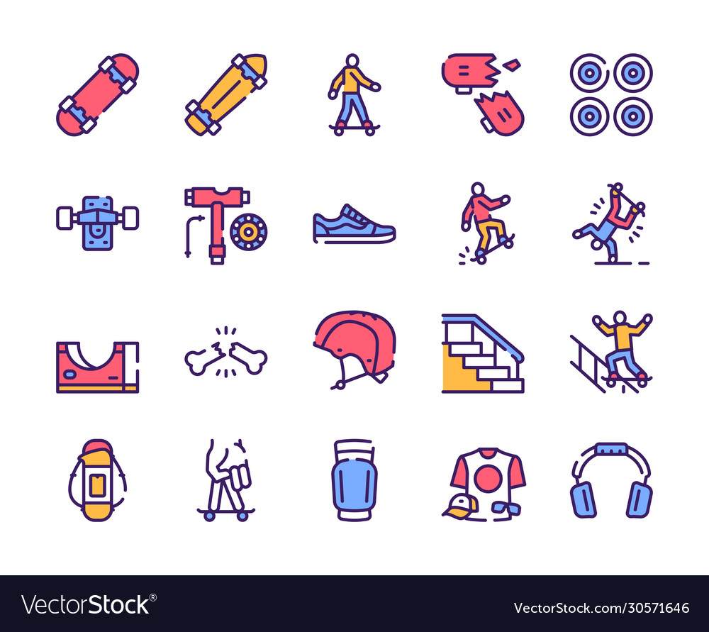 Skateboarding symbols color linear icon set