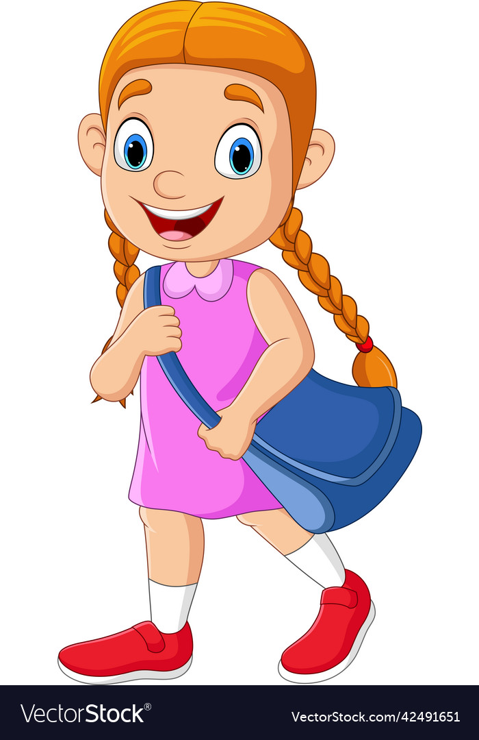 Cartoon school girl with backpack go Royalty Free Vector