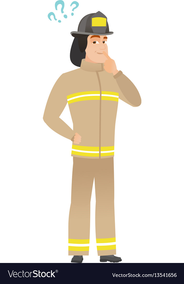 Thinking firefighter with question marks Vector Image