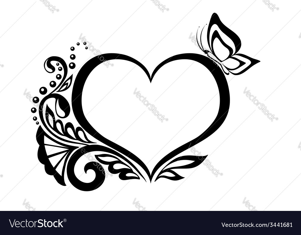 Black And White Heart With Floral Design Vector Image